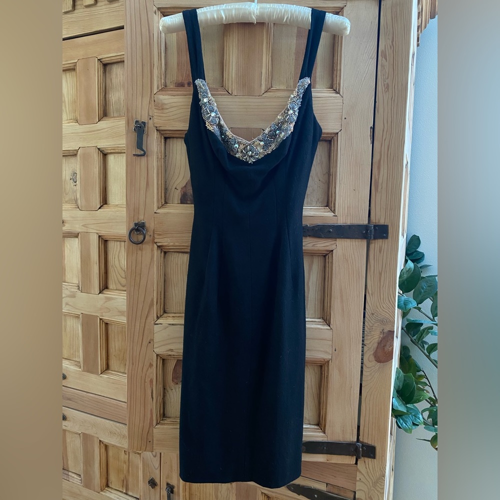 Vintage Mr. Blackwell Black Wool Cocktail Dress with Sequin Detail Size XS